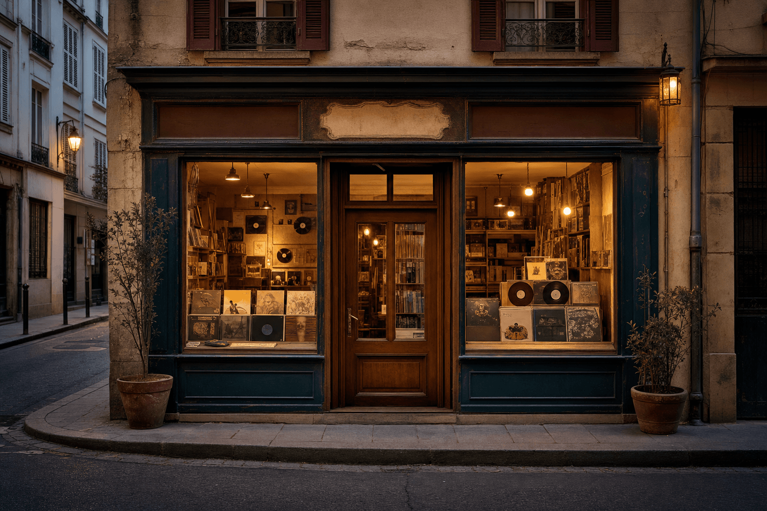The sunlit entrance to Saudade Records in Lisbon